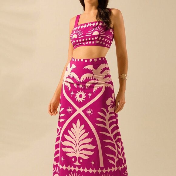 Hot Pink Boho Women's Coconut Print Cropped Cami Top And Fitted Maxi Skirt Set - Picture 1 of 7